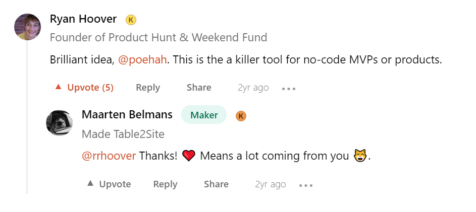 Table2Site launch on ProductHunt